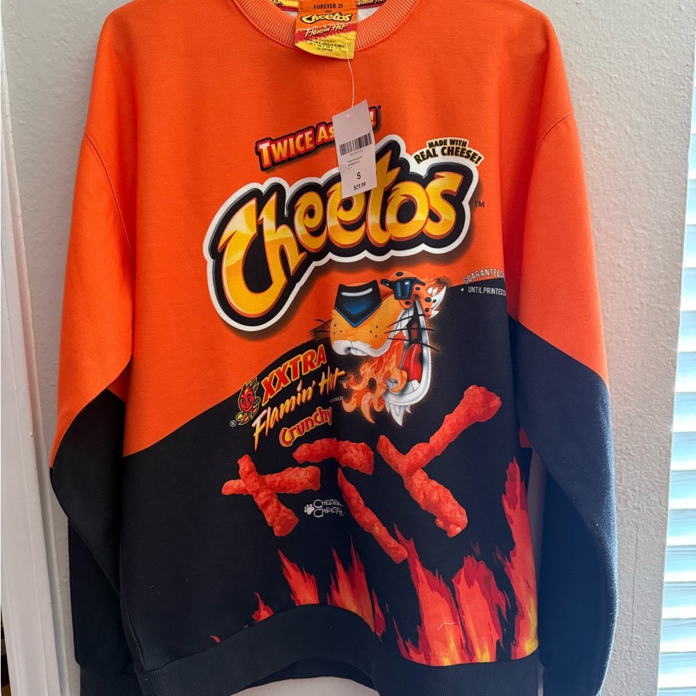 Forever 21 Men's Flamin’ Hot XXTRA Hot Cheetos Orange and Black Sweater